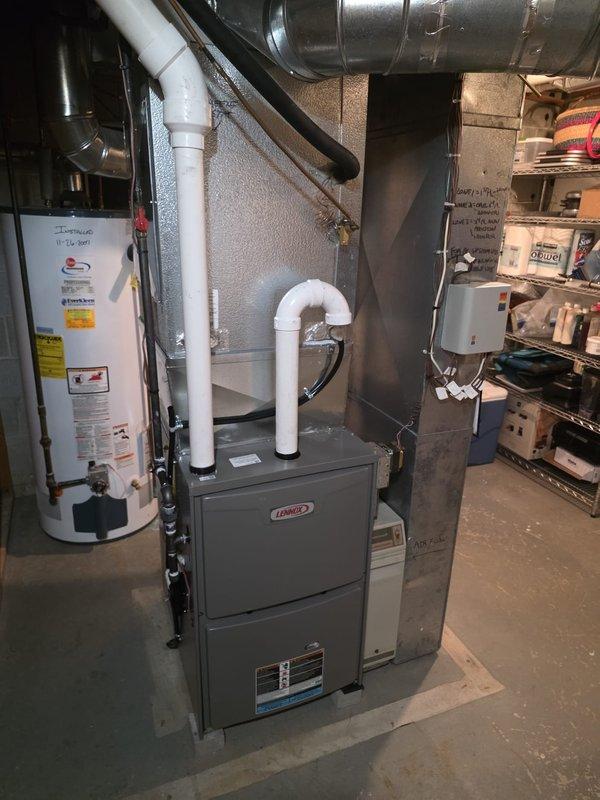 Successfully installed a new Lennox gas furnace in basement mechanical room, including proper connection to existing ductwork and PVC venting system. Installation was completed according to manufacturer specifications with all safety checks performed and system tested for optimal operation.