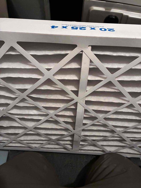 Responded to no-heat call on system less than 10 years old. Replaced dirty air filter (20 x 25 x 4) with new one. Conducted temperature differential testing with digital thermometer, confirming proper heat output at 93.5°F at supply duct. System now functioning normally.