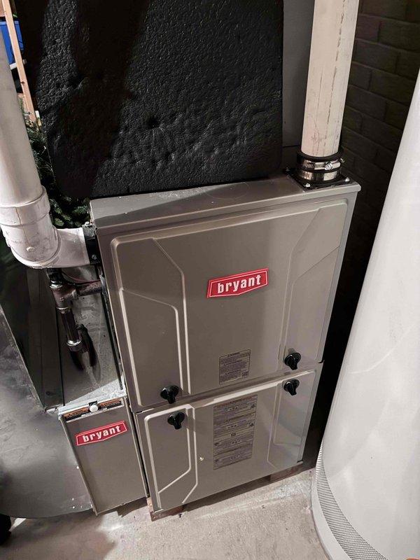 Performed scheduled maintenance on Bryant HVAC system. Inspected all components and connections for proper operation. Conducted electrical testing with clamp meter, confirming system is drawing 0.49 amps within normal operating parameters.