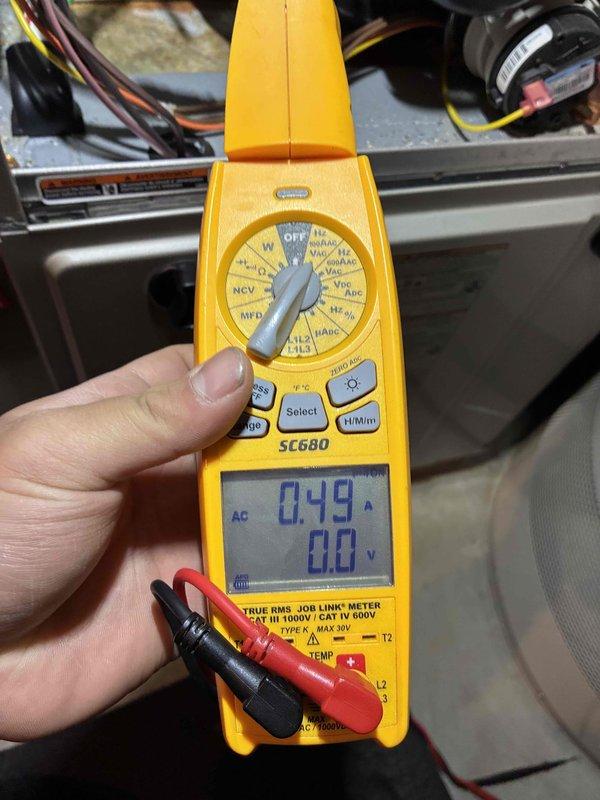 Performed scheduled maintenance on Bryant HVAC system. Inspected all components and connections for proper operation. Conducted electrical testing with clamp meter, confirming system is drawing 0.49 amps within normal operating parameters.