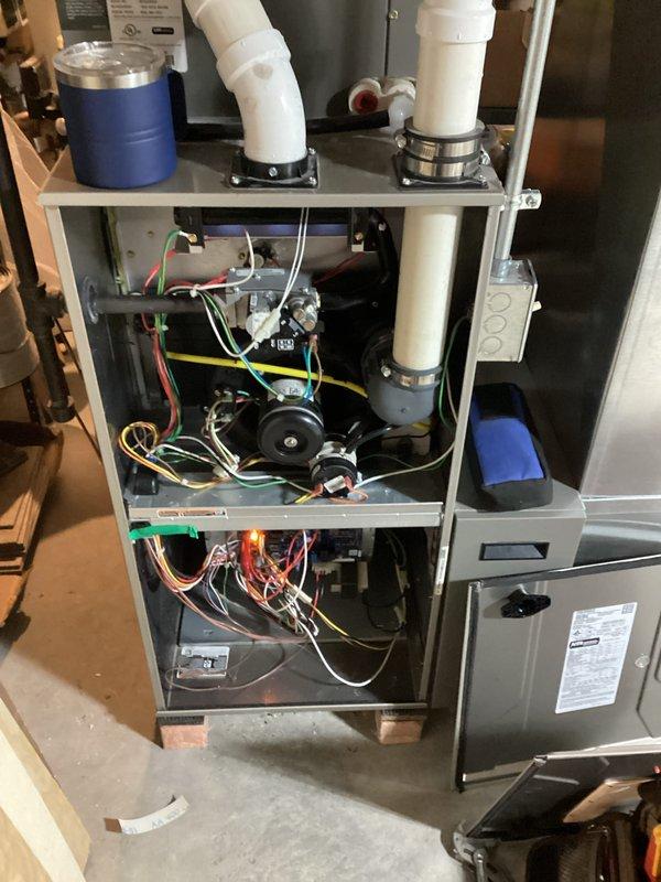 Responded to a no-heat call for a relatively new furnace system. Upon inspection, discovered faulty pressure switch causing system failure. Replaced defective pressure switch, tested system operation through multiple heating cycles, and verified proper ignition sequence. Unit now functioning correctly with normal heat output.
