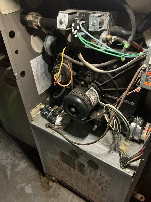 Responded to no heat complaint for furnace under 10 years old. Upon inspection, discovered faulty blower motor causing system failure. Replaced motor assembly, reconnected wiring to junction box, and verified proper operation. System now functioning correctly with normal heat output.