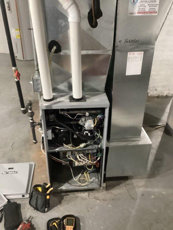 Responded to no-heat call for a furnace under 10 years old. Diagnosed failed ignition sequence causing system lockout. Replaced dirty air filter which was restricting proper airflow and contributing to heat exchanger overheating. Reset system and verified proper operation through complete heating cycle.