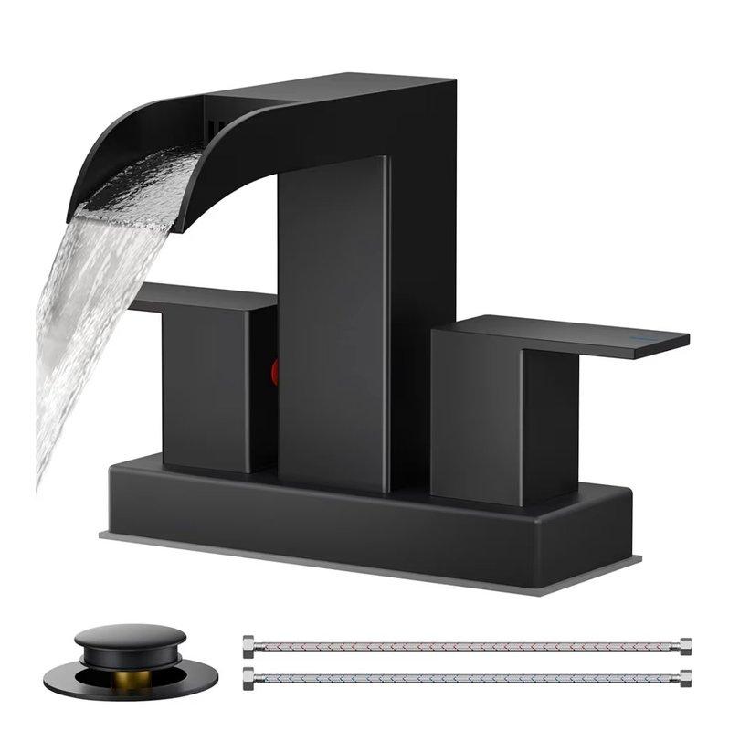 Installed new waterfall-style matte black bathroom faucet, replacing existing three-piece fixture. Connected supply lines and verified proper water flow and drainage functionality with no leaks present.