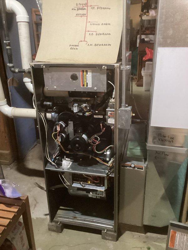 Responded to no-heat complaint on a newer furnace system (under 10 years old). Upon inspection, identified and replaced faulty flame sensor that was preventing proper ignition sequence. System now operating correctly with normal heat output and flame detection. All safety components verified functional before returning unit to service.