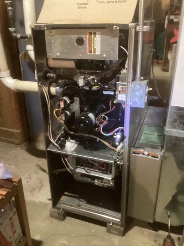 Responded to no-heat complaint on a newer furnace system (under 10 years old). Upon inspection, identified and replaced faulty flame sensor that was preventing proper ignition sequence. System now operating correctly with normal heat output and flame detection. All safety components verified functional before returning unit to service.