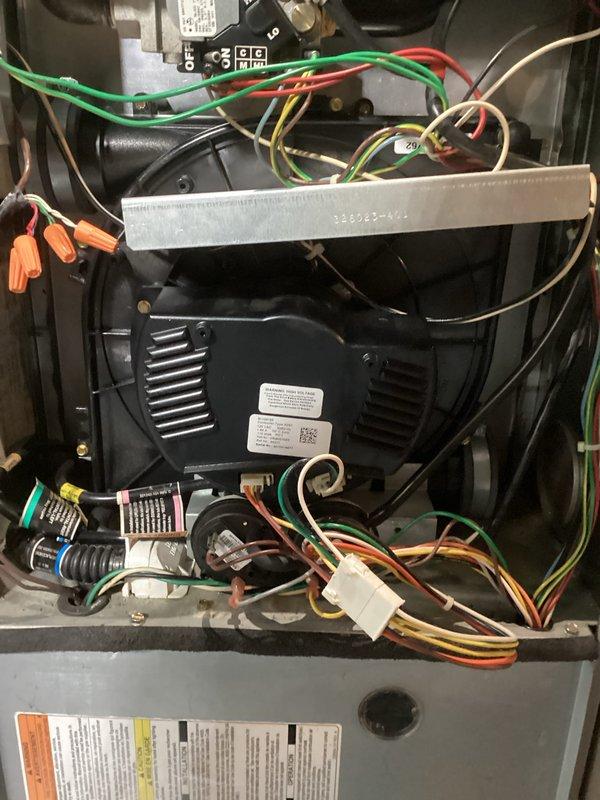Responded to a no-heat call for a Bryant heating system under 10 years old. Upon inspection, accessed the furnace's internal components and examined the blower motor assembly, control board, and wiring connections. Discovered faulty wiring in the motor circuit which was preventing proper operation. Repaired damaged connections and verified system operation before closing access panel.