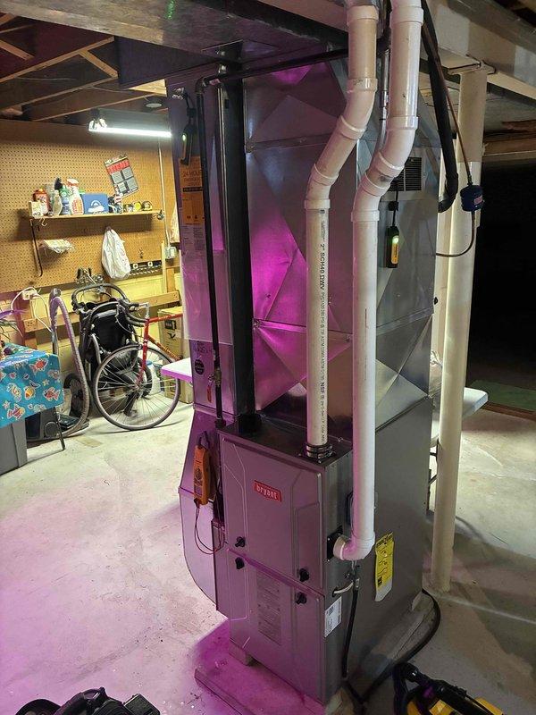 Performed routine maintenance on Bryant furnace in basement mechanical room. Inspected burner assembly and flame pattern, confirming proper combustion operation. Verified all ventilation systems and PVC exhaust piping were properly secured and functioning correctly.