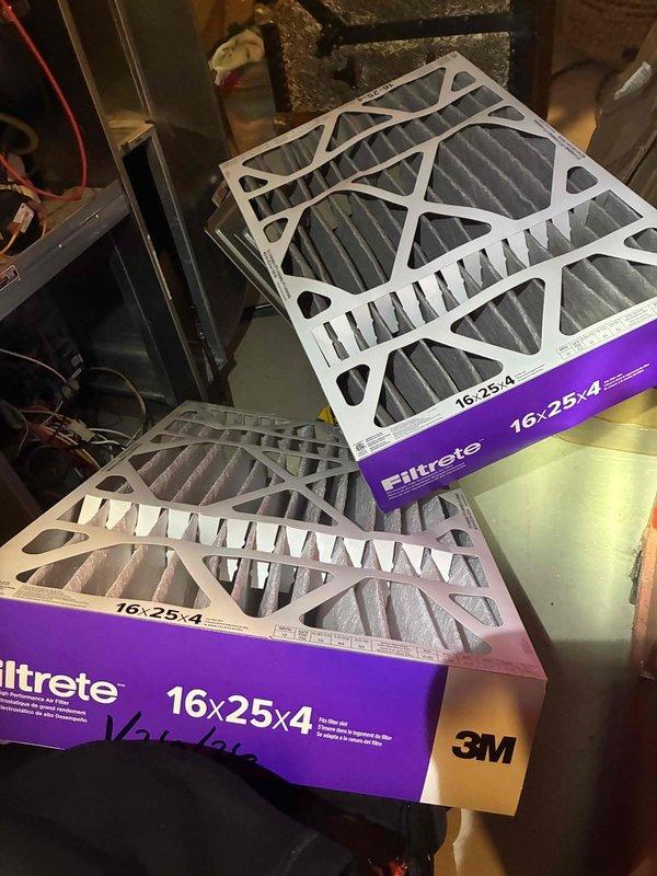 Performed routine HVAC tune-up service including replacement of customer's Filtrete 16×25×4 air filters. Conducted electrical diagnostic testing with Fieldpiece SC680 multimeter, confirming system voltage at 264V, which is within acceptable parameters for the equipment. All components functioning properly after service completion.