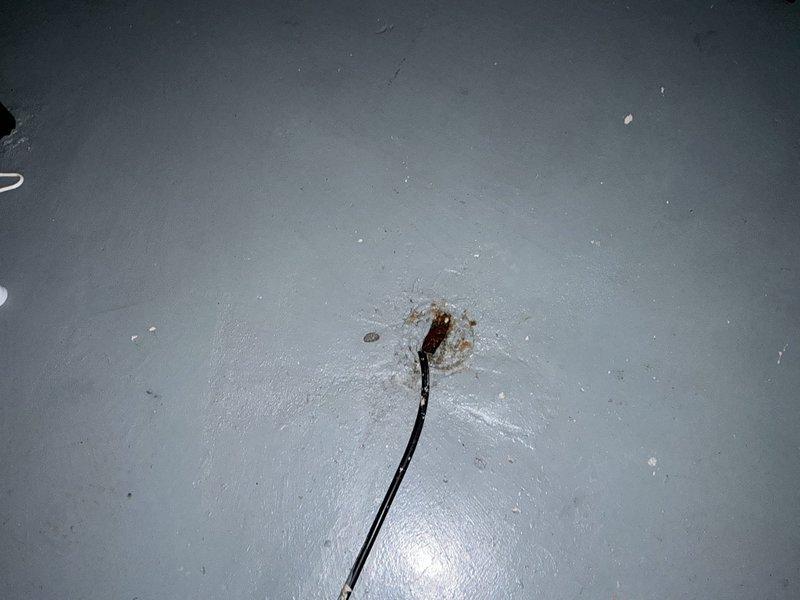 Inspected Bryant furnace unit with front panel removed for comprehensive system evaluation. Observed exposed control board, internal wiring, and connected ductwork. Noted electrical wiring issue requiring attention where single black wire protrudes through floor with visible rust/corrosion around penetration point.