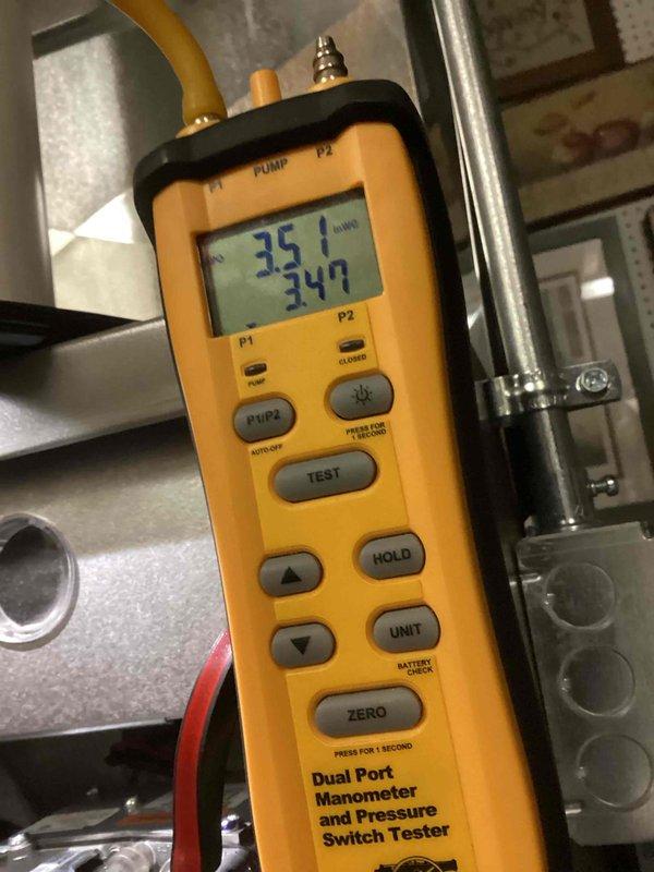 Performed routine HVAC tune-up service including comprehensive pressure testing using dual port manometer. Readings of 35.7/34.7 inWC and 351/347 pascals were documented, confirming system is operating within manufacturer specifications. All pressure differentials were verified to be within acceptable parameters for optimal system performance.