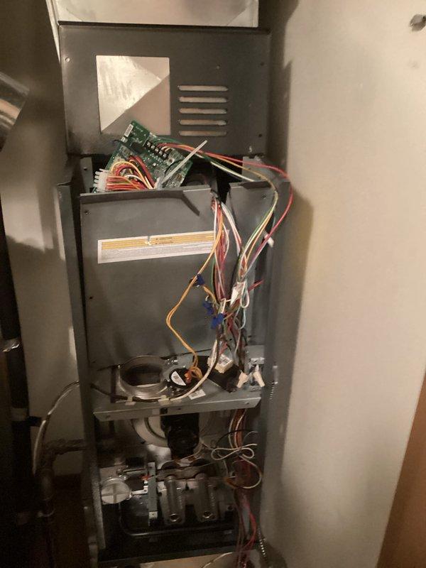 Diagnosed and repaired furnace with no heat issue. Inspection revealed damaged heat exchanger with corrosion and cracked burner tubes, along with disorganized wiring causing intermittent electrical problems. Replaced heat exchanger assembly, rewired electrical connections to factory specifications, and performed complete system test to verify proper operation.