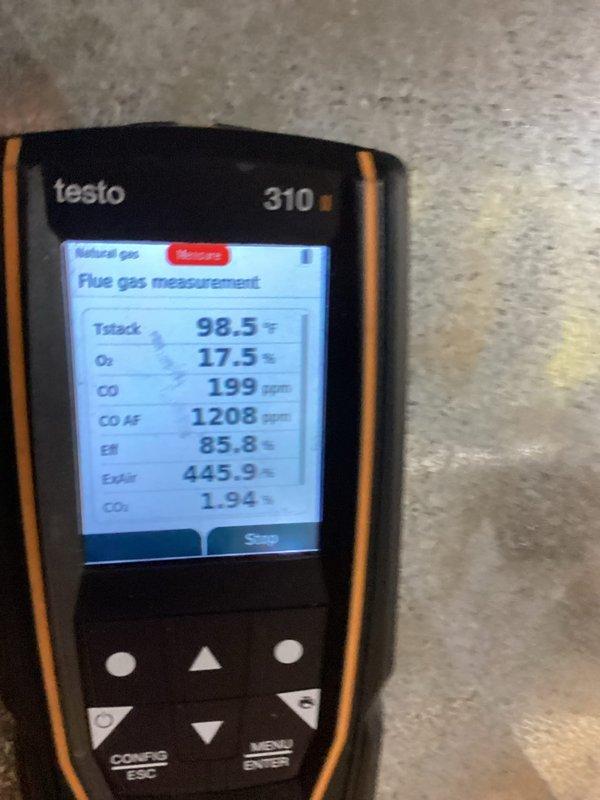 Performed routine maintenance on gas furnace system, including combustion analysis with Testo 310 analyzer which showed acceptable efficiency at 85.8% but elevated CO levels (199 ppm). Inspected internal components and wiring connections, ensuring proper operation of blower motor and control board. Recommended monitoring CO levels and scheduling follow-up if necessary.