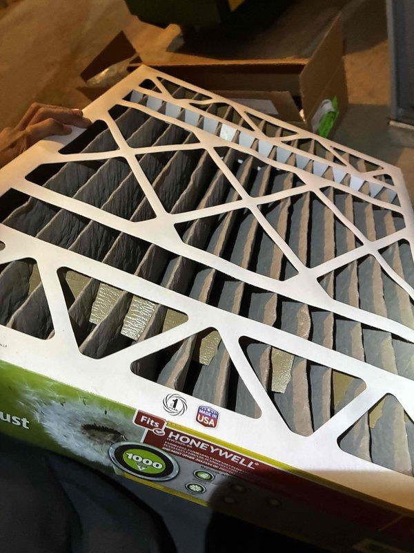 Performed diagnostic testing on HVAC system using SC680 multimeter, which recorded electrical readings of 595.1 volts. Replaced standard air filter with new Honeywell 1000 series pleated filter to improve system efficiency and air quality.