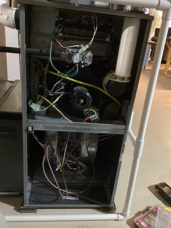 Performed scheduled prepaid maintenance on HVAC system. Inspected electrical components and wiring connections throughout the furnace, ensuring proper connection of control board wiring and blower motor assembly. Verified all wire harnesses were secure and properly routed to maintain system integrity and operational efficiency.