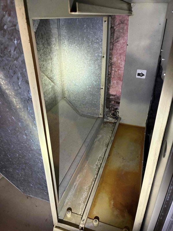 Performed routine tune-up service on residential HVAC system located in basement/utility room. Opened access panels to inspect interior components including circuit boards and wiring connections. Checked for signs of moisture damage and rust in air handler compartment, noting minor discoloration on metal surfaces. All components were found in working order with no major issues requiring repair.