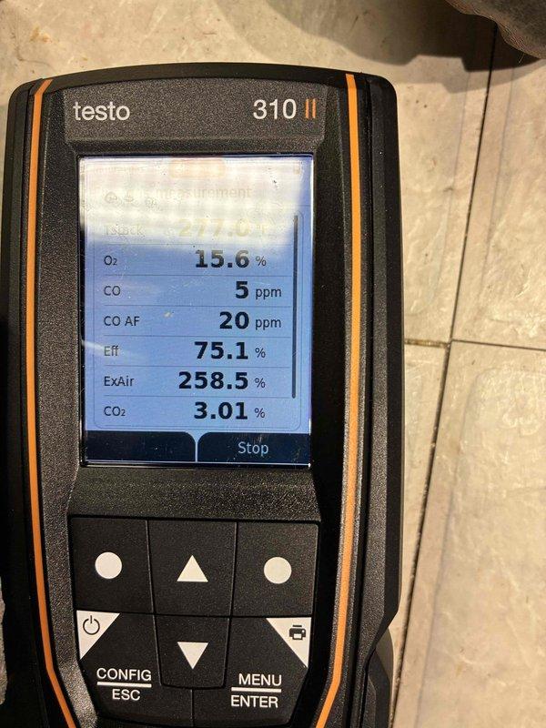 Performed comprehensive HVAC tune-up including combustion analysis with Testo 310 II analyzer showing O₂ at 15.6%, CO at 5 ppm, and system efficiency at 75.1%. Conducted temperature differential testing using SPK2 digital thermometer which measured 65.5°F split, confirming proper system operation. Identified excess air level of 258.5% which was addressed to optimize combustion efficiency.