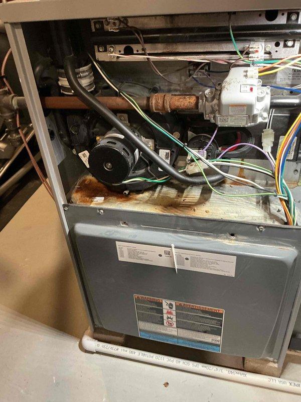 Performed comprehensive HVAC tune-up service on aging furnace system, noting significant oxidation and rust buildup on copper components. Conducted diagnostic testing with digital measurement tool, recording temperature readings of 234°F, which falls within acceptable operational parameters. Inspected all electrical connections, examined gas valve assembly functionality, and verified proper operation of all mechanical components despite visible wear on the system.