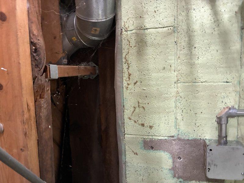 Inspected exposed plumbing infrastructure in utility area. Assessed galvanized ductwork and pipe connections for potential water treatment system installation. Documented current setup including wall-mounted tools and equipment for project planning purposes. Noted aging wooden framing and concrete block wall condition that may require additional support for new water treatment components.