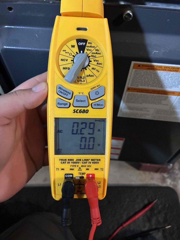 Performed comprehensive electrical inspection on HVAC system with focus on terminal connections and wiring integrity. Conducted voltage testing using SC680 multimeter, confirming proper electrical values at 0.29V across identified circuits. All connections were verified secure and system operation restored to manufacturer specifications.