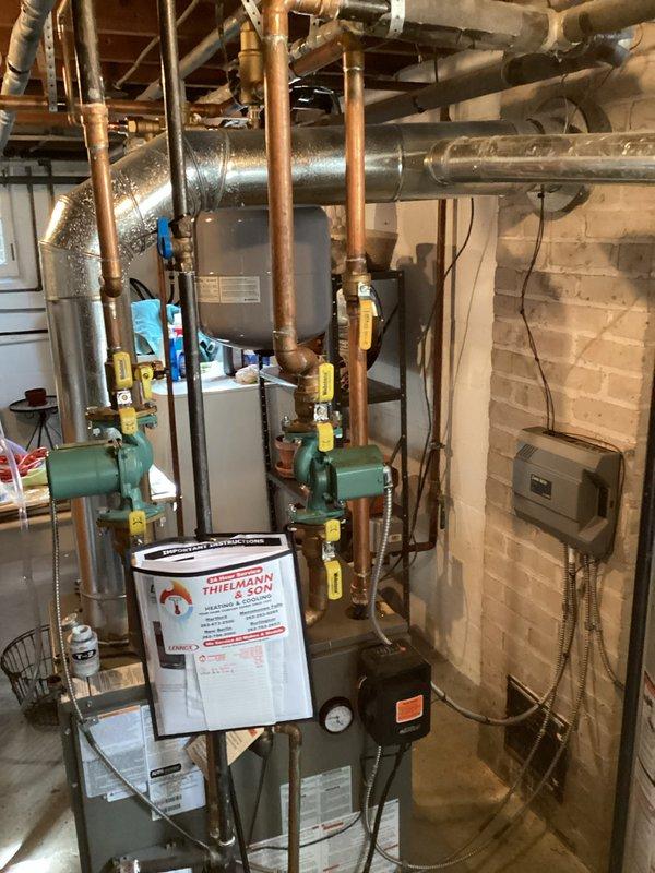 Completed comprehensive inspection of residential hydronic heating system, identifying condensation issues on ductwork and examining circulation pumps for proper operation. Performed necessary maintenance on the boiler unit and associated copper piping network, ensuring all components are functioning optimally with no leaks or pressure irregularities.