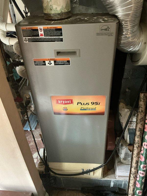 Completed installation of a Bryant Plus 95i Preferred Series furnace in the customer's utility area. Unit was properly mounted on a platform with flexible metallic ductwork connections. Also installed condensate pump system with drainage tubing secured to wall with appropriate bracketing.