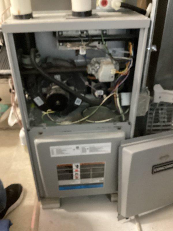 Diagnosed and repaired a newer model furnace experiencing no-heat condition by inspecting the blower motor assembly. Identified condensation on refrigerant lines and electrical connections to the motor, cleaned affected components, and restored proper operation by reconnecting loose wiring at the control board.