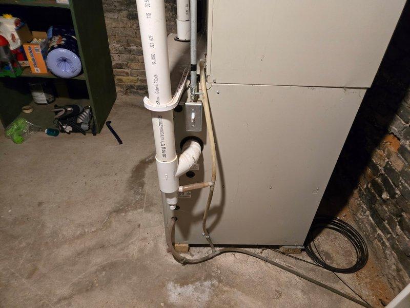 Performed routine maintenance inspection on basement-installed HVAC furnace system. Examined PVC ventilation/drainage components and connections for proper installation and function. Replaced standard 16×25×1 pleated air filter to ensure optimal system performance and air quality.