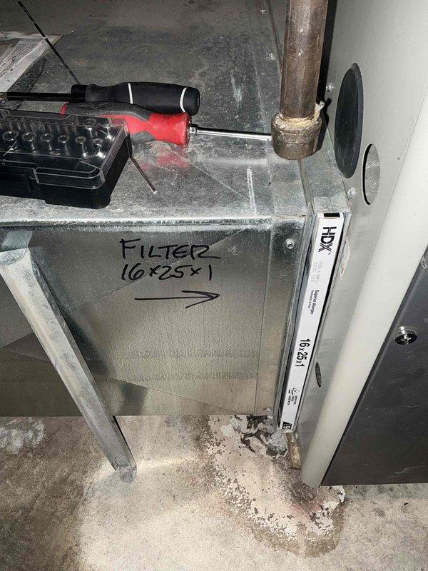 Conducted inspection of aging HVAC system with corroded copper connections and identified need for full system replacement. Documented existing unit configuration including 16x25x1 filter requirements and current ductwork layout. Provided replacement estimate for new system with properly sized components and improved filtration capability.