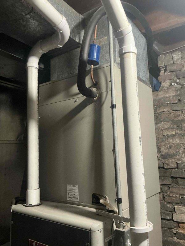 Conducted inspection of aging HVAC system with corroded copper connections and identified need for full system replacement. Documented existing unit configuration including 16x25x1 filter requirements and current ductwork layout. Provided replacement estimate for new system with properly sized components and improved filtration capability.