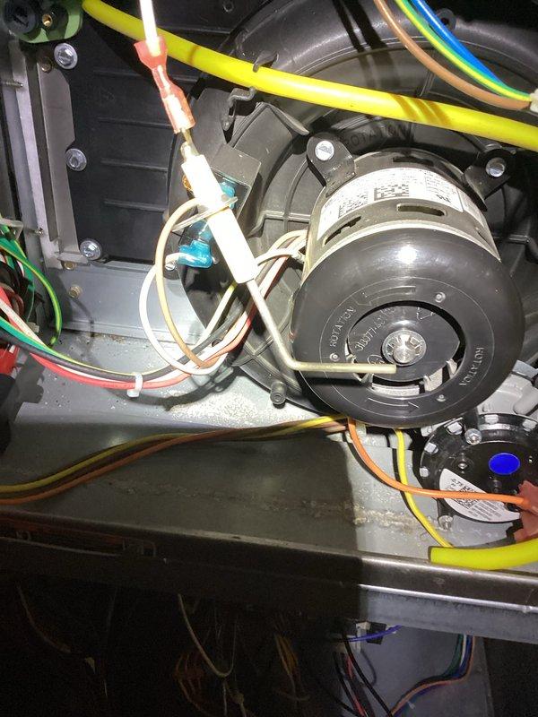 Diagnosed and serviced HVAC system experiencing no-heat condition. Performed comprehensive inspection of blower motor assembly and electrical components, including verification of all wire connections (yellow, blue, green, white, and red) to ensure proper functionality. Restored heating operation by repairing faulty wiring connections at the circuit board and confirming normal system operation before completion.