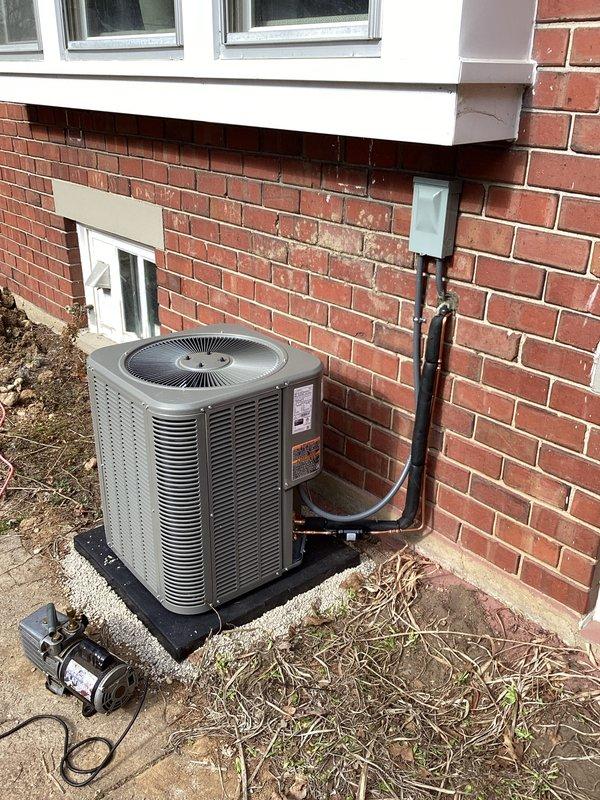 Successfully installed new AC condensing unit on concrete pad with proper electrical connections to service disconnect. Installed matching evaporator coil on existing furnace with new refrigerant lines and completed system start-up and testing. All ductwork connections were properly sealed and system is operating within manufacturer specifications.