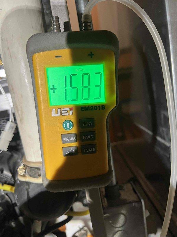 Performed gas pressure testing on the HVAC system using a UEI EM201B diagnostic meter, taking measurements at both low and high settings (1503 InWc and 3550 InWc respectively). Verified proper gas flow and pressure readings within manufacturer specifications to ensure optimal system operation and safety compliance.