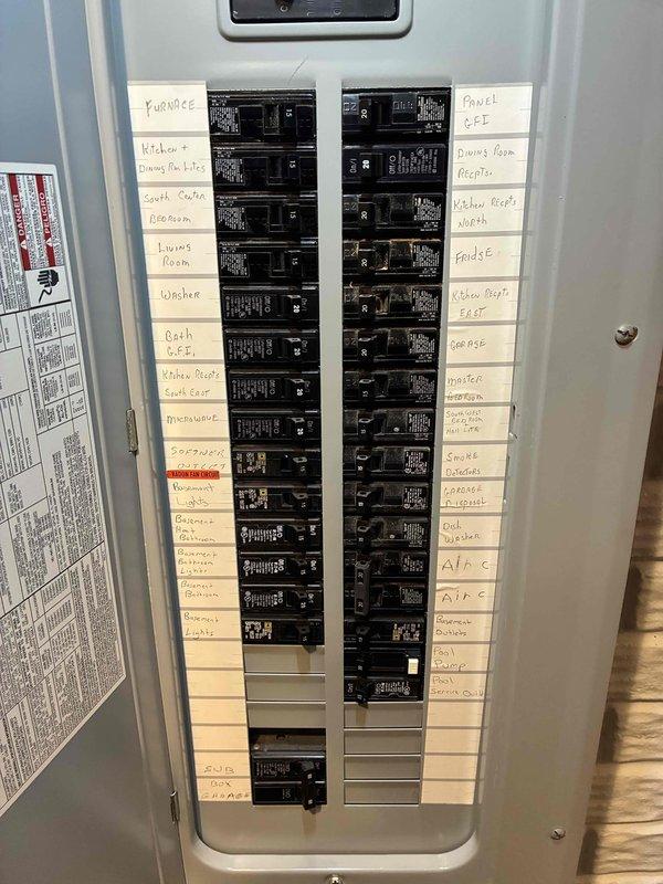 Conducted comprehensive inspection of existing HVAC system in basement utility room, including furnace unit with metallic ductwork, adjacent water heater, and electrical connections to the home's circuit breaker panel. Documented current system configuration and electrical service panel with properly labeled circuits for future replacement reference.