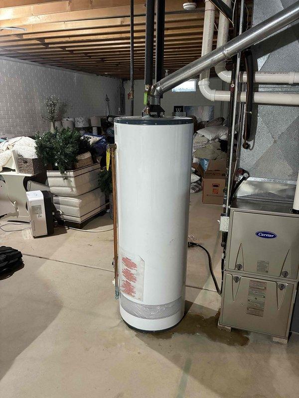 Conducted assessment of existing HVAC system in basement utility area, documenting aging Carrier furnace unit with visible wear and associated ductwork condition. Recommended full system replacement due to efficiency concerns and observed discoloration on adjacent water heater indicating possible ventilation issues.