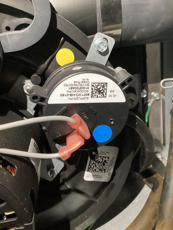 Performed comprehensive inspection of furnace components including fan motor assembly and pressure switch. Verified proper wire connections throughout control system with focus on intact wire caps and secure terminations. Confirmed pressure switch functionality with all indicators operating as specified.