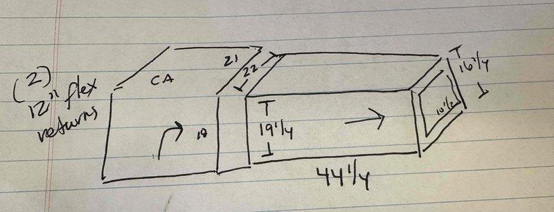 Conducted inspection of existing HVAC system located in confined attic space, documented current equipment specifications from manufacturer plate, and measured ductwork configuration. Created detailed sketch of the air distribution system with measurements for 12" flex return and various supply runs (21", 19", 44", and 16") to prepare comprehensive replacement estimate.