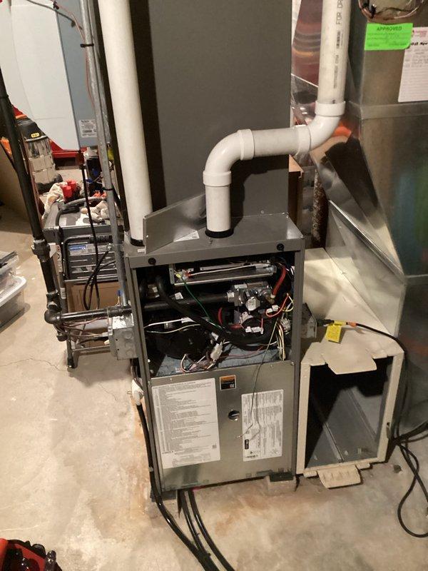 Performed comprehensive inspection and testing of residential furnace system. Conducted combustion analysis using Bacharach analyzer, confirming proper operation with 96.6% efficiency, 35 ppm CO reading, and 26% excess air. All components functioning within manufacturer specifications with no issues identified.