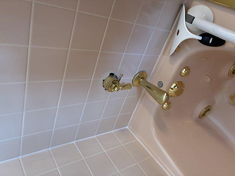 Conducted assessment of bathroom shower/tub enclosure featuring ceramic tile walls and brass fixtures. Evaluated existing shower head, faucet handle, and water spout for potential replacement. Documented condition of plumbing connections between wall and fixtures for future reference.