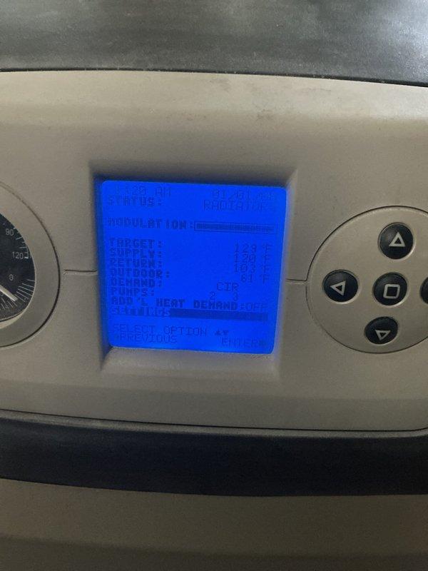 Responded to no-heat call for aging Weil-McLain boiler system. Diagnostic testing revealed faulty temperature sensor and outdated control module causing improper modulation. Replaced defective components, recalibrated system parameters, and verified proper operation with supply temperature reaching 139°F with appropriate modulation in response to demand.