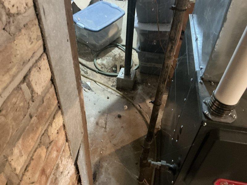 Performed inspection of existing Carrier furnace system with integrated humidifier in basement utility area. Documented current installation conditions including electrical connections, ductwork configuration, and adjacent plumbing infrastructure. Evaluated replacement options based on observed brick wall construction, existing vertical pipe runs, and available utility connections for optimal new system placement.