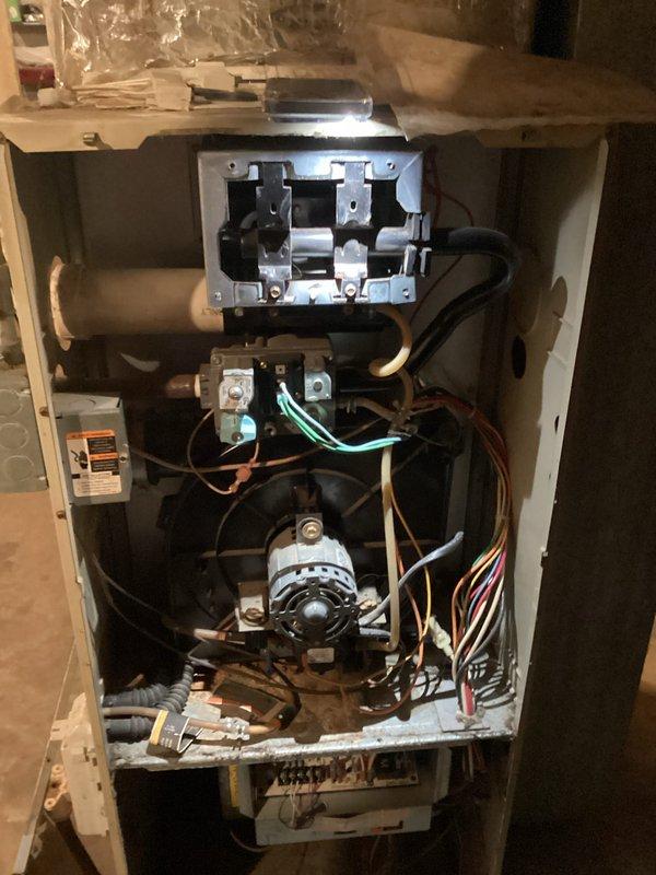 Responded to no heat call on aging HVAC system. Upon inspection, found unit operational but compromised by severely restricted airflow due to missing/inadequate air filter and visible corrosion on control board indicating moisture exposure and age-related deterioration. Installed new 16x20x1 pleated air filter to restore proper airflow and system efficiency, preventing potential overheating and premature component failure.