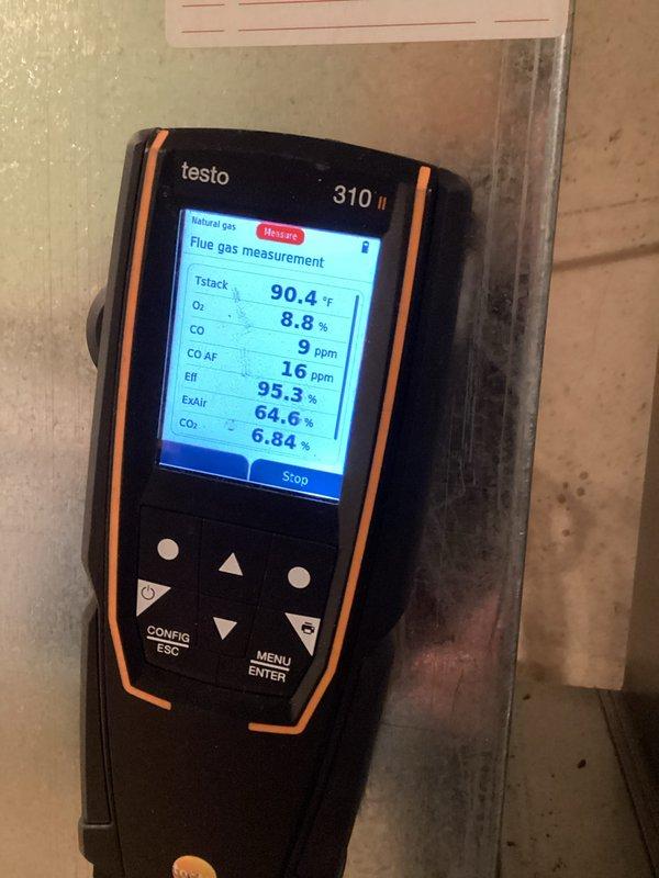 Completed prepaid maintenance inspection on residential gas furnace system. Performed comprehensive safety and efficiency testing using combustion analyzer, which confirmed proper operation with flue gas temperature of 90.4°F, oxygen level of 8.8%, carbon monoxide reading of 9 ppm, and system efficiency of 95.3%. Visually inspected internal components including gas valve assembly, ignition system, wiring connections, and venting system, with all components found to be in good working condition.