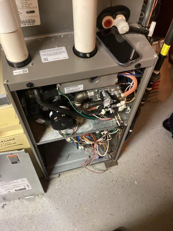 Responded to service call back for HVAC system inspection and diagnostics. Upon arrival, accessed furnace unit and control board displaying "H" error code on LED display. Performed thorough system evaluation including inspection of wiring connections, blower motor assembly, refrigerant lines, and electrical components. Verified all wire terminations at control board, checked for loose connections, and ensured proper seating of wire harnesses in white plastic connectors. Inspected condition of rubber boots on vertical discharge pipes and confirmed secure mounting of unit. System tested and operational parameters verified within manufacturer specifications.