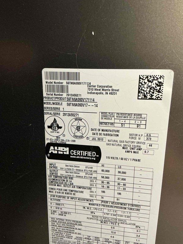Completed prepaid maintenance visit on Carrier furnace model 59TN6A060V17114, manufactured July 2012. Performed comprehensive system inspection including verification of manufacturer specifications, visual assessment of unit condition, and documentation of equipment operation. All components found functioning within normal parameters, with unit maintaining proper electrical specifications at 115V/60Hz/1-phase configuration.