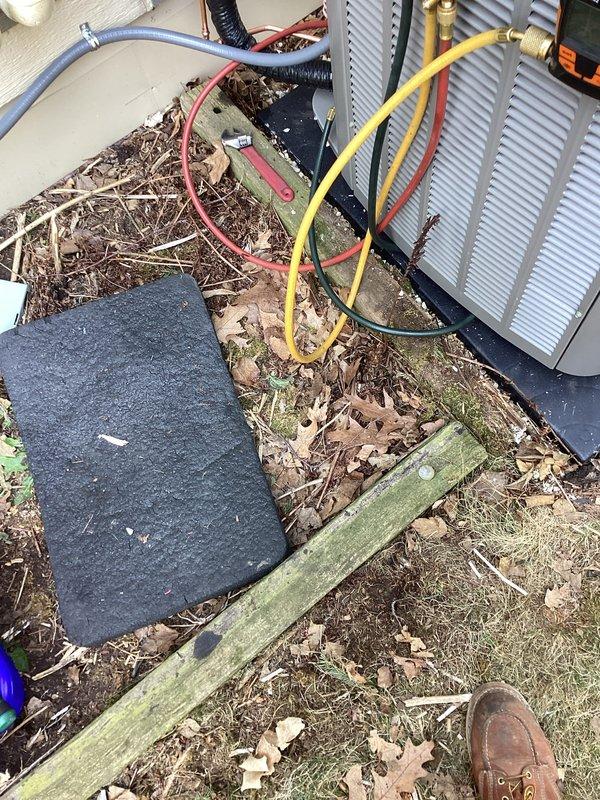 Completed installation of new outdoor A/C condenser unit and evaporator coil system at residential property. Connected refrigerant lines, installed equipment on pad, performed system startup with manifold gauge testing to verify proper refrigerant charge and operating pressures, and ensured all electrical connections and condensate drainage were functioning correctly.