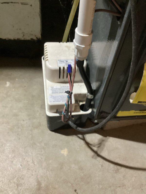 Responded to no heat call on HVAC system less than 10 years old. Upon inspection, found condensate pump had failed, causing safety switch to shut down heating system. Replaced malfunctioning condensate pump, tested drain line for proper flow, verified all electrical connections, and restored system to normal heating operation.