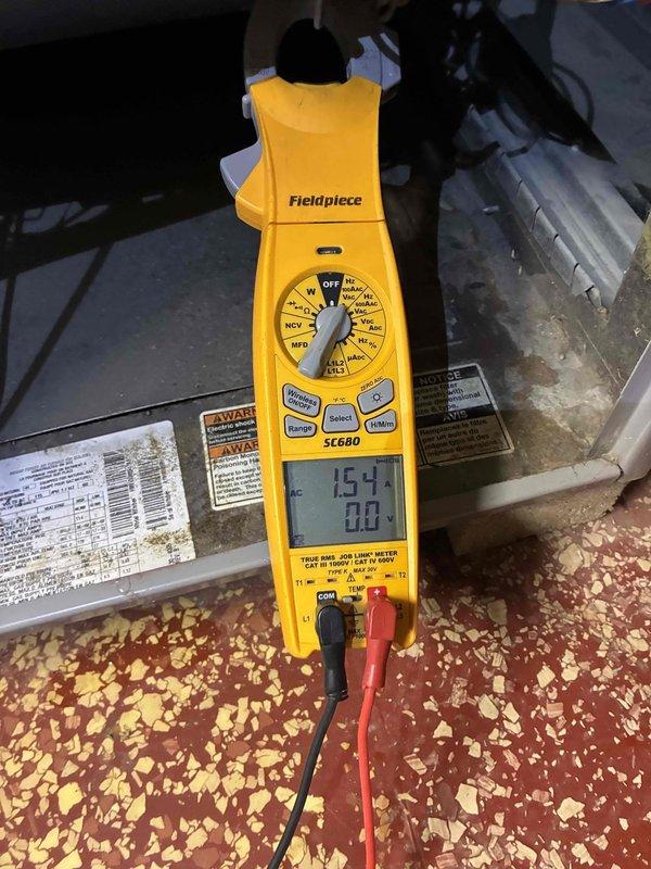 # HVAC Tune-Up Completed

Performed comprehensive maintenance and diagnostic testing on residential HVAC system. Utilized Fieldpiece SC680 digital multimeter to measure electrical parameters throughout the unit, recording voltage reading of 26.9 volts at furnace control board and verifying proper electrical supply to heating components. Conducted amperage testing with clamp meter, measuring 154 amp reading at compressor motor to confirm proper current draw within manufacturer specifications.

Inspected all accessible mechanical components including compressor housing, refrigerant lines, and threaded pipe fittings for signs of wear or leakage. Verified all electrical connections were secure and functioning properly. Confirmed proper operation of heating and cooling systems with all readings within normal operating parameters. Unit tested and left in proper working condition.