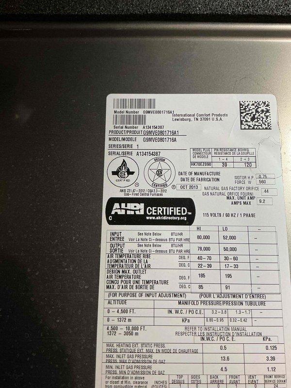 Completed scheduled HVAC maintenance on an International Comfort Products gas furnace, model GGMVE080T71GA (80,000 BTU input capacity, manufactured October 2013). Documented unit specifications and verified AHRI certification status as part of the prepaid maintenance visit.