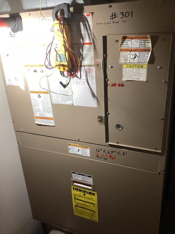 Completed scheduled HVAC maintenance inspection on furnace/air handler unit #301. Performed visual inspection of evaporator coil assembly, confirming heat exchanger tubing shows normal operational heat discoloration patterns with no signs of damage or refrigerant leaks. Verified all system components, safety labels, and insulation are intact and properly secured. Unit operating within normal parameters.